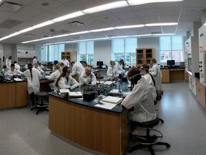 Chemistry students use a lab for the first time in Acklie Hall.